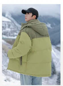 Back view of men's thick winter puffer jacket with olive corduroy color-blocked hood details