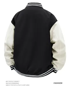 Detailed back view of a black and white varsity jacket with striped collar and cuffs