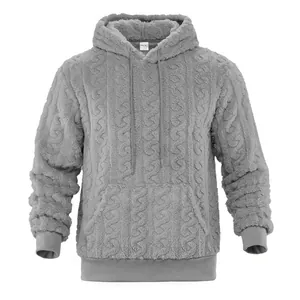 Detailed front view of men's gray thickened fleece hoodie with cable knit pattern