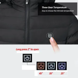 Close-up of power button and 3-gear temperature control on a black USB heated jacket