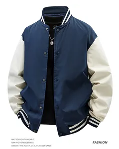 Stylish navy blue and white American style mens varsity jacket with striped baseball collar