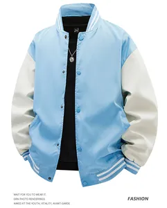 Sky blue and white color-block varsity jacket with striped ribbed collar for men