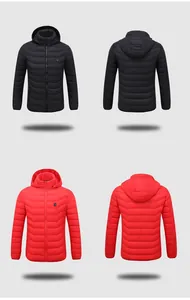 Front and back views of men's heated hooded puffer jackets in black and red colors