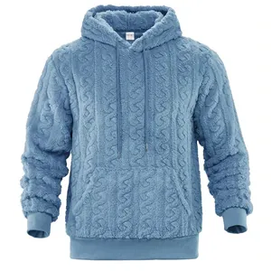 Detailed view of blue cable-knit textured fleece hoodie with hood and pouch