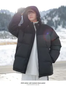Detailed view of 2024 winter cold resistant black puffer jacket with hood for men and women