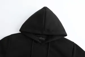Close-up detail view of a black USB heated hoodie with an adjustable drawstring hood