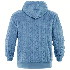 Detailed back view of a blue cable-knit textured fleece hooded sweatshirt for men