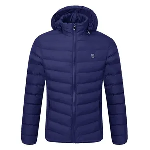 Detailed view of navy blue smart heated jacket with hood and USB charging