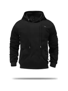 Functional detail of men's USB heated black hoodie showing the power button icon