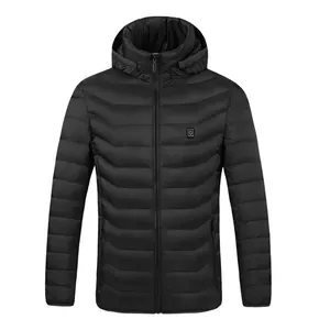 Front view detail of a black USB-powered intelligent heated puffer jacket with a hood