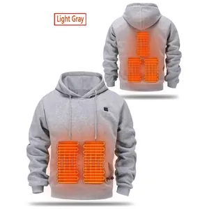 Light gray 5-zone heated hoodie with USB charging and warm drawstring hood for winter
