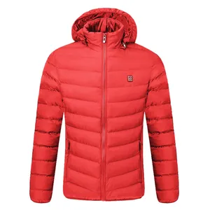 Front view of a red men's heated jacket with hood and power button detail