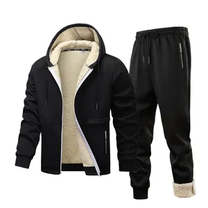 Detailed view of men's winter tracksuit featuring thick cream lamb fleece lining