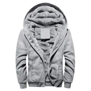 Men's warm thick fleece-lined hooded sweatshirt in gray with front zip closure