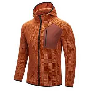 Men's orange textured fleece hooded zip-up sweatshirt for autumn and winter sports
