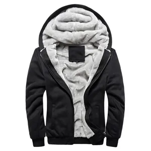Men's thickened black fleece-lined hooded jacket with grey warm interior and zip closure