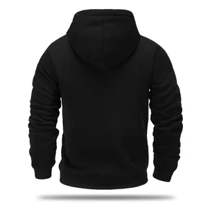Detailed back view of a solid black fleece-lined heated hoodie for outdoor casual wear.