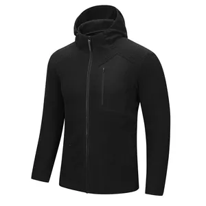 Black men's full-zip hooded sweatshirt with textured waffle-knit fabric and chest pocket.