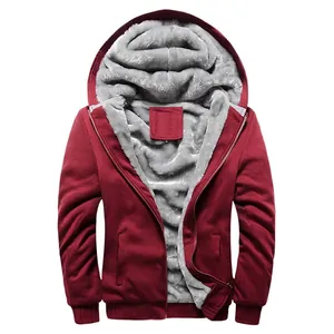 Men's thick red zip-up hoodie with warm grey fleece lining and hood for winter