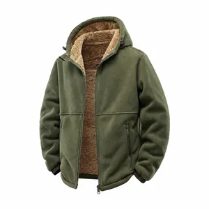 Herren schwere Kapuzen-Fleecejacke mit dickem Sherpa-Futter in der Farbe Armee-Grün