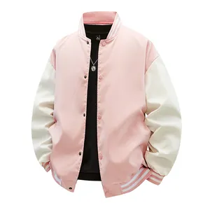 Stylish pink and white men's varsity jacket with baseball collar and striped cuffs