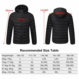 Men's USB electric heated puffer jacket with hood and comprehensive size recommendation table