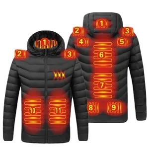Black USB smart heated winter puffer jacket with 11 heating zones for men's outdoor use