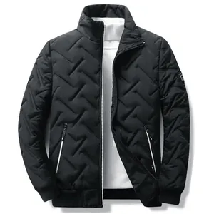 Stylish men's winter black padded jacket featuring a stand collar and geometric quilted pattern