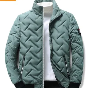 Men's winter puffer jacket featuring a stand collar and unique chevron quilted design in green