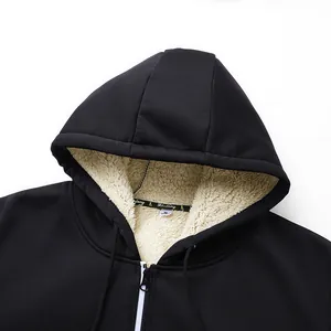 Black men's heavy sherpa-lined zip-up hooded jacket with warm fleece interior details