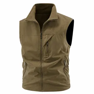 Men's outdoor stand-collar fleece-lined vest in khaki, waterproof and breathable style