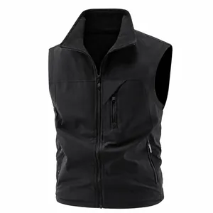 Men's outdoor black fleece-lined thermal vest featuring a stand collar and secure zipper pockets