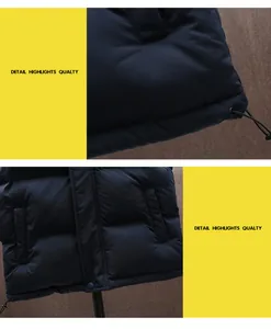 Close-up of navy blue winter padded vest showing hem drawstring and pocket details