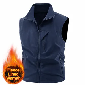 Men's navy blue fleece-lined vest with stand collar and functional zipper pockets