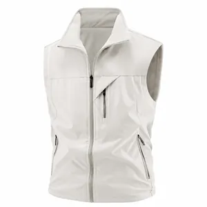 Men's outdoor casual fleece-lined stand collar vest with zipper pockets in solid white