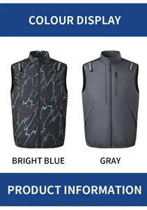 Display gilet refrigeranti in blu brillante con motivo a fulmini e grigio scuro