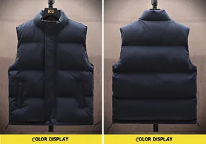 Detailed front and back view of a dark navy quilted puffer vest for men with stand collar.