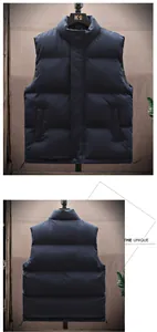 Professional detailed front and back views of a warm navy blue padded winter vest for men.