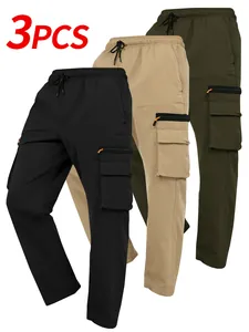 Selection of three different colors of men's multi-pocket cargo pants in one detail view