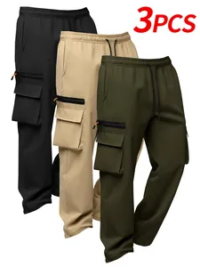 Set of 3 men's cargo pants in black, khaki, and army green with retro multi-pockets