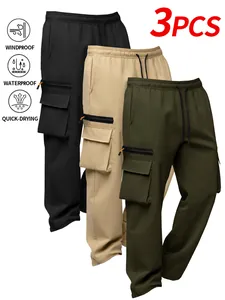 Set of three quick-drying waterproof cargo pants in black, khaki, and olive green.