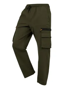 Detailed view of olive green cargo pants with multi-pocket design and drawstring waist.