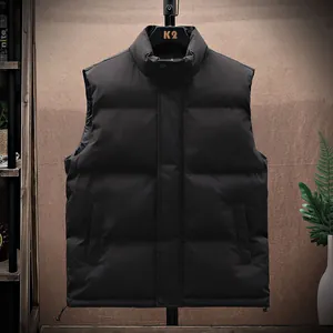 Solid black men's winter puffer vest with stand collar and thickened warm padding.