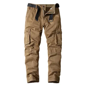 Men Casual Cargo Pants 100% Cotton Straight Leg Multi-Pocket Work Trousers Outdoor Fashion Solid Color Bottom