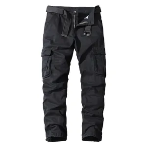 Men's black cargo pants with multi-pockets and belt, straight-leg tactical trousers.