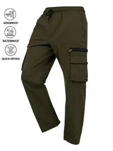 Olive green waterproof outdoor cargo pants featuring functional pockets and drawstring waist