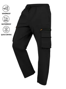 Detail view of black outdoor cargo pants featuring windproof and waterproof fabric