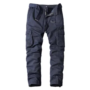 Men's dark navy blue straight-leg cargo pants with multi-pockets and a fabric belt