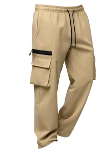 Detail view of khaki multi-pocket cargo pants with elastic drawstring waist and zip pocket