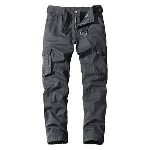 Men's dark grey multi-pocket cargo pants with matching belt, straight leg fit for daily wear